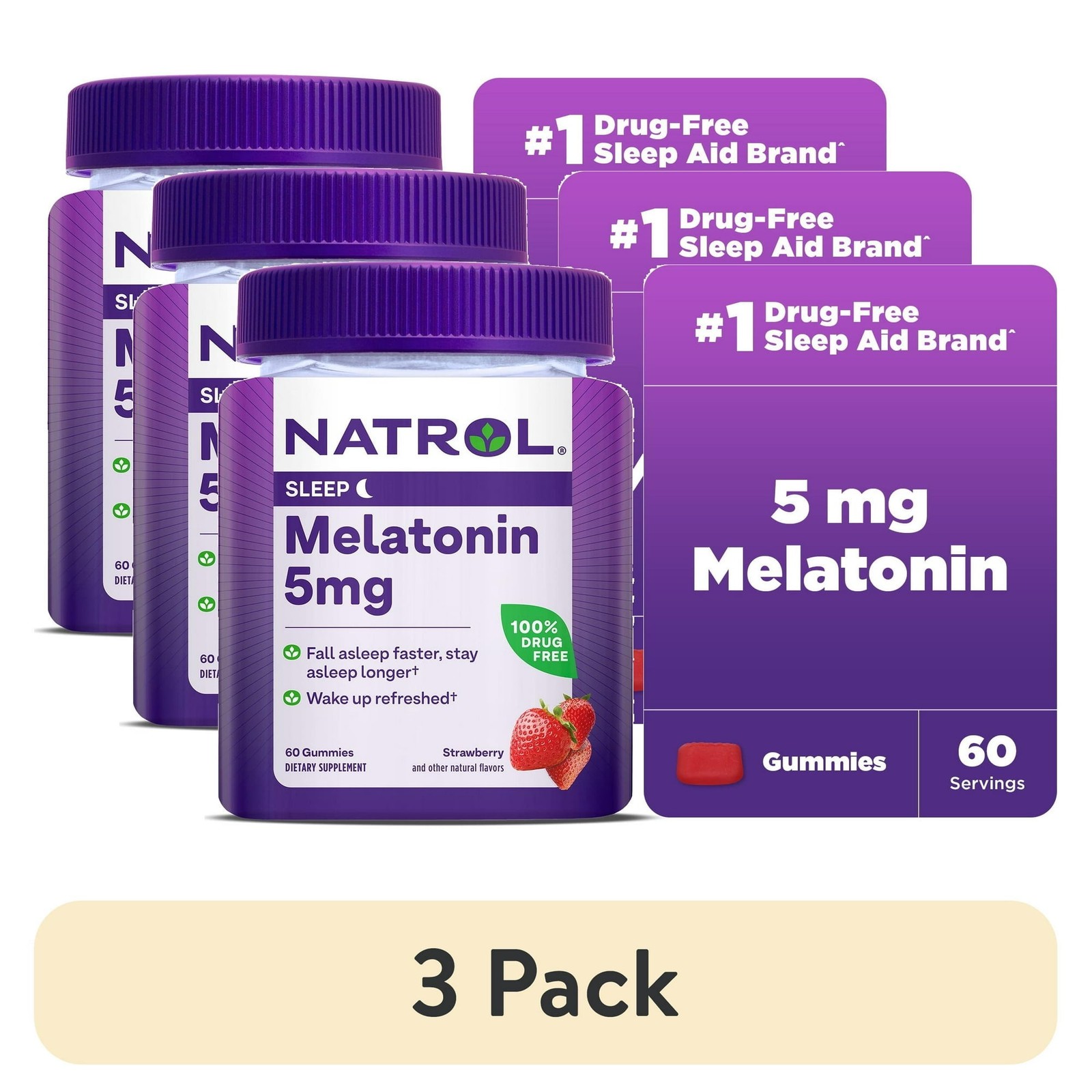(3 pack) Natrol® 5mg Melatonin Gummies, Sleep Support for Adults, 60 Strawberry