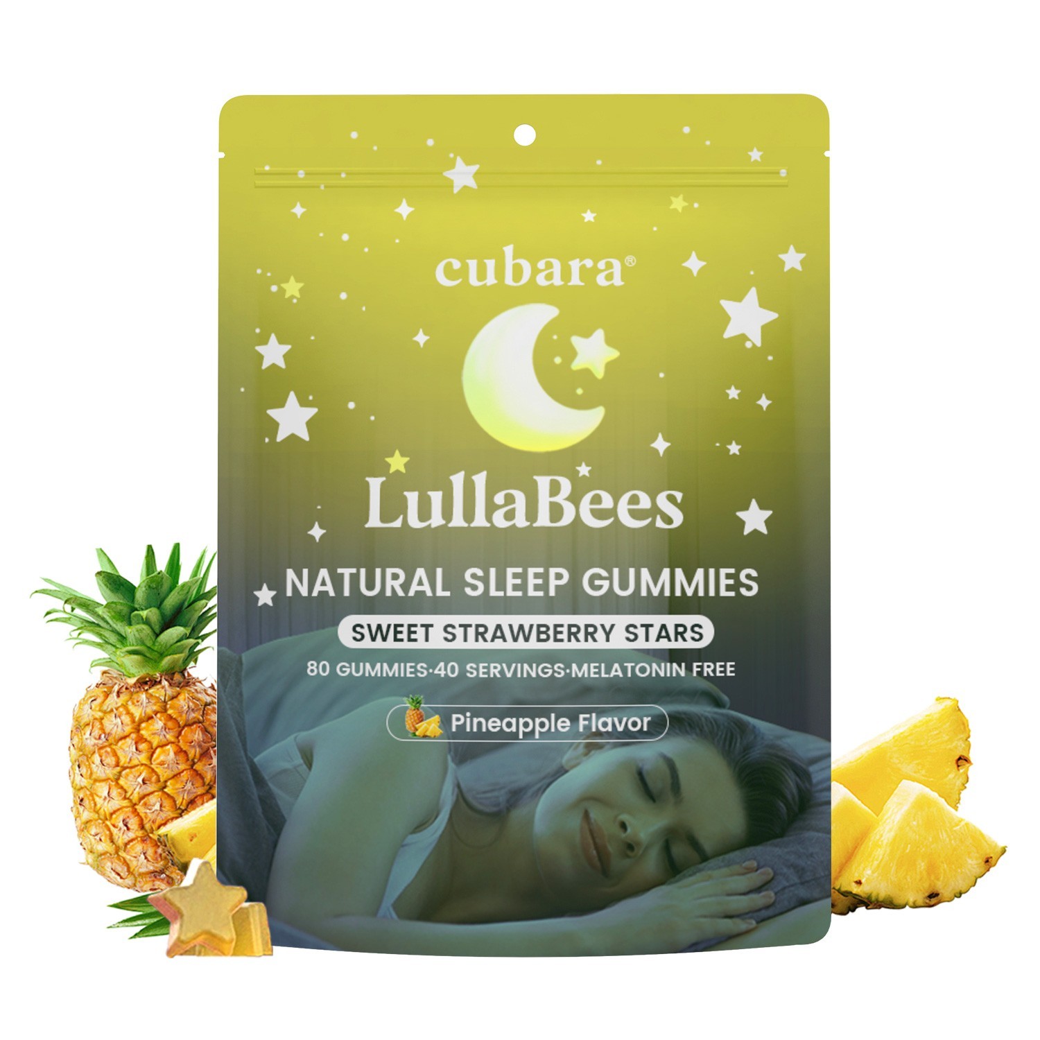 Natural Sleep Gummies – 80 Servings -Sweet Pineapple Stars (Melatonin Free) Fast