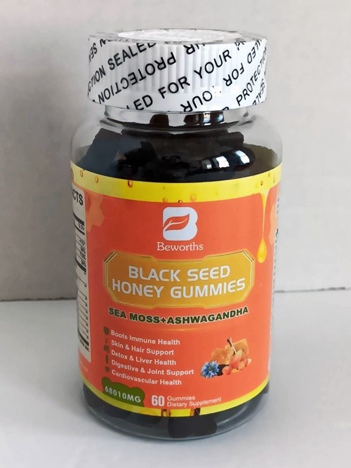 Black Seed Oil Sea Moss Gummies with Ashwagandha Elderberry & Linden Honey 10/26