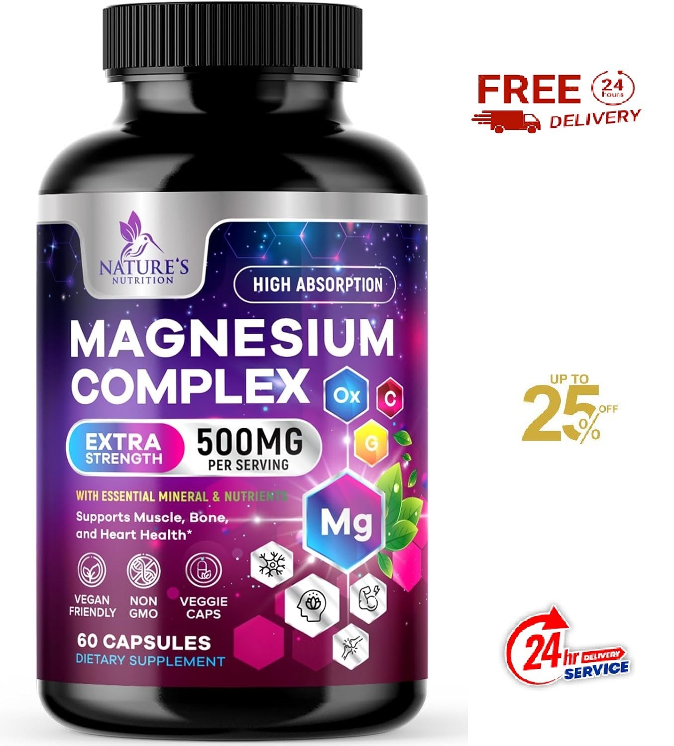 Magnesium Complex Supplement, 500 mg, 5 in 1 High Absorption Chelated Magnesium
