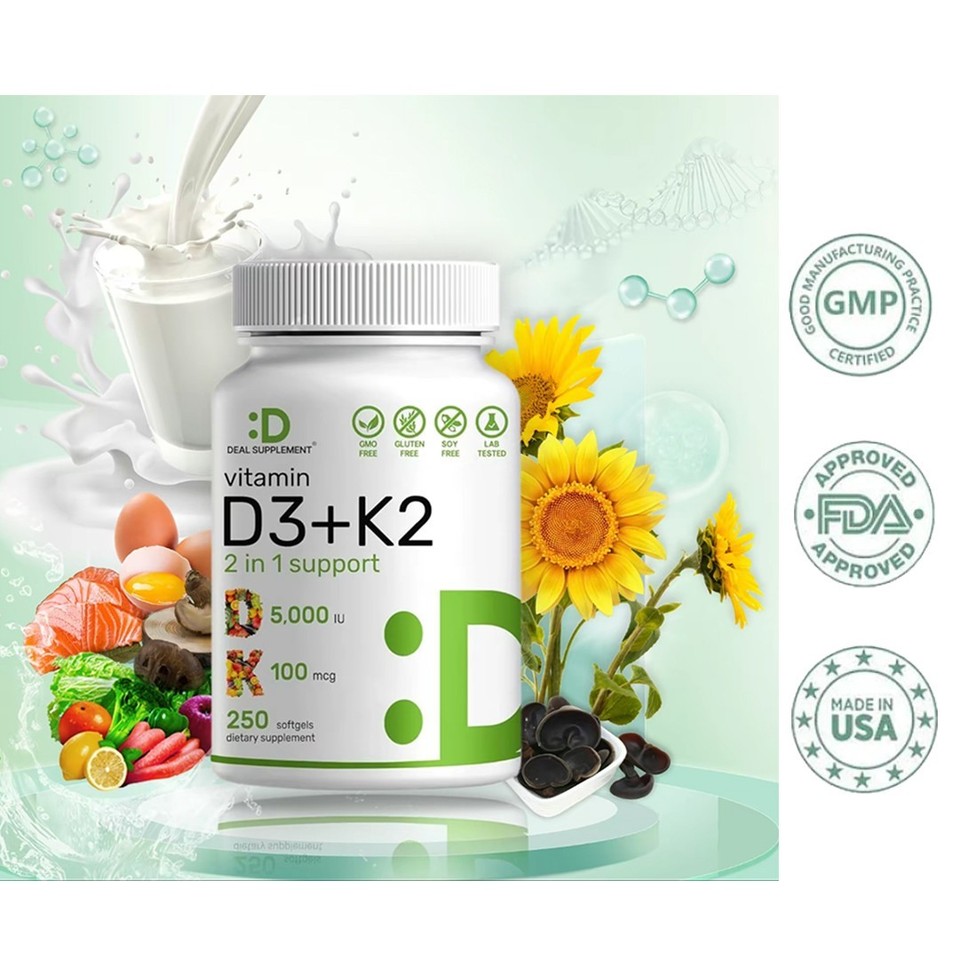 Vitamin D3+K2,2 in 1 Support, for Bones, Heart & Immune- 250 Capsules
