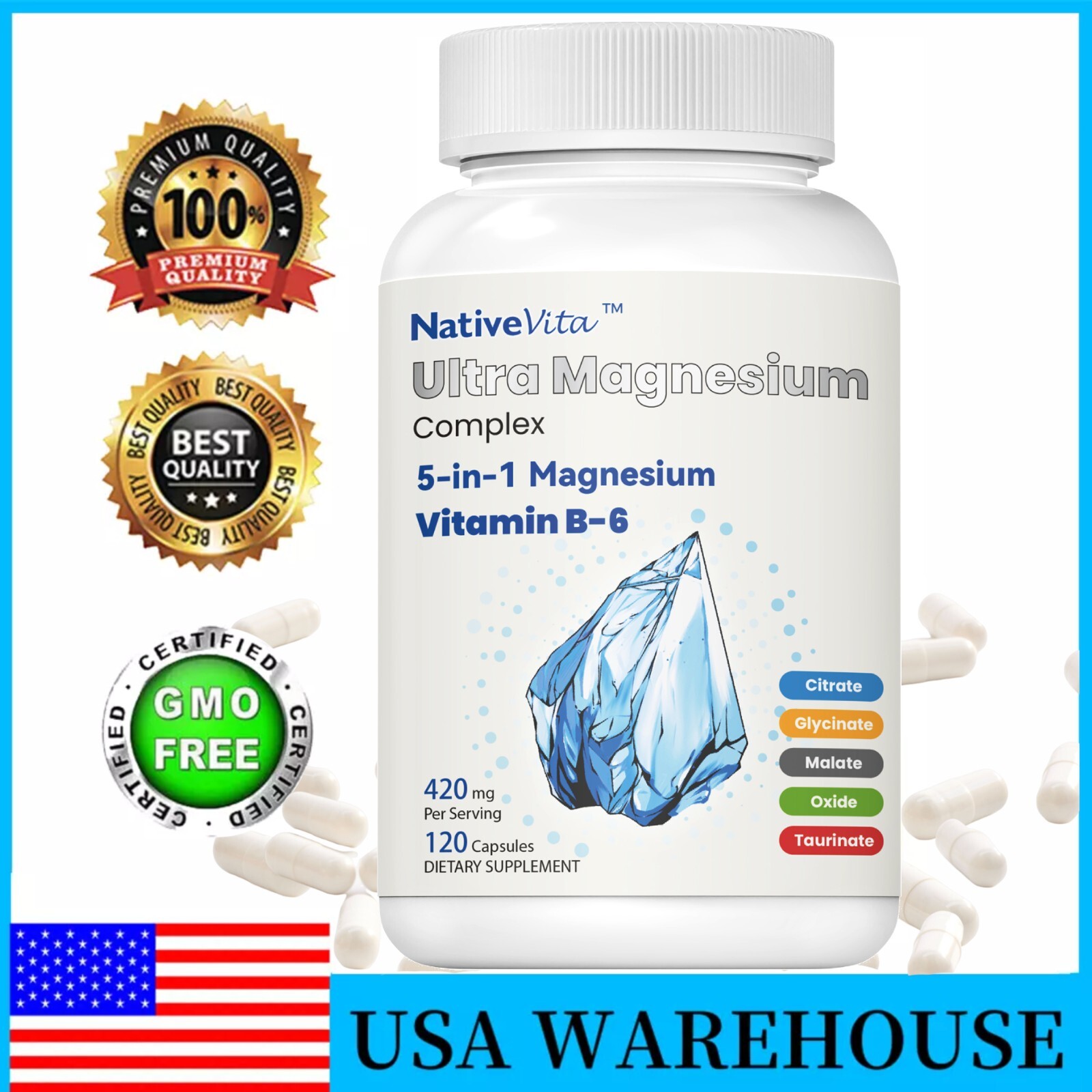 420mg Magnesium Glycinate,Citrate, Malate,Taurate & Oxide, Magnesium Complex