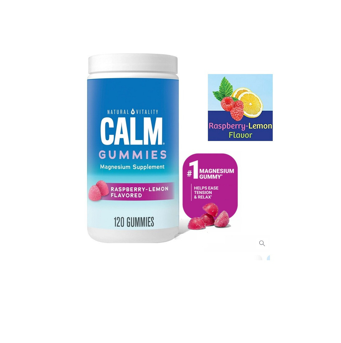 CALM Gummies Raspberry-Lemon Natural Vitality Magnesium Vegan Exp 2026 – 120ct
