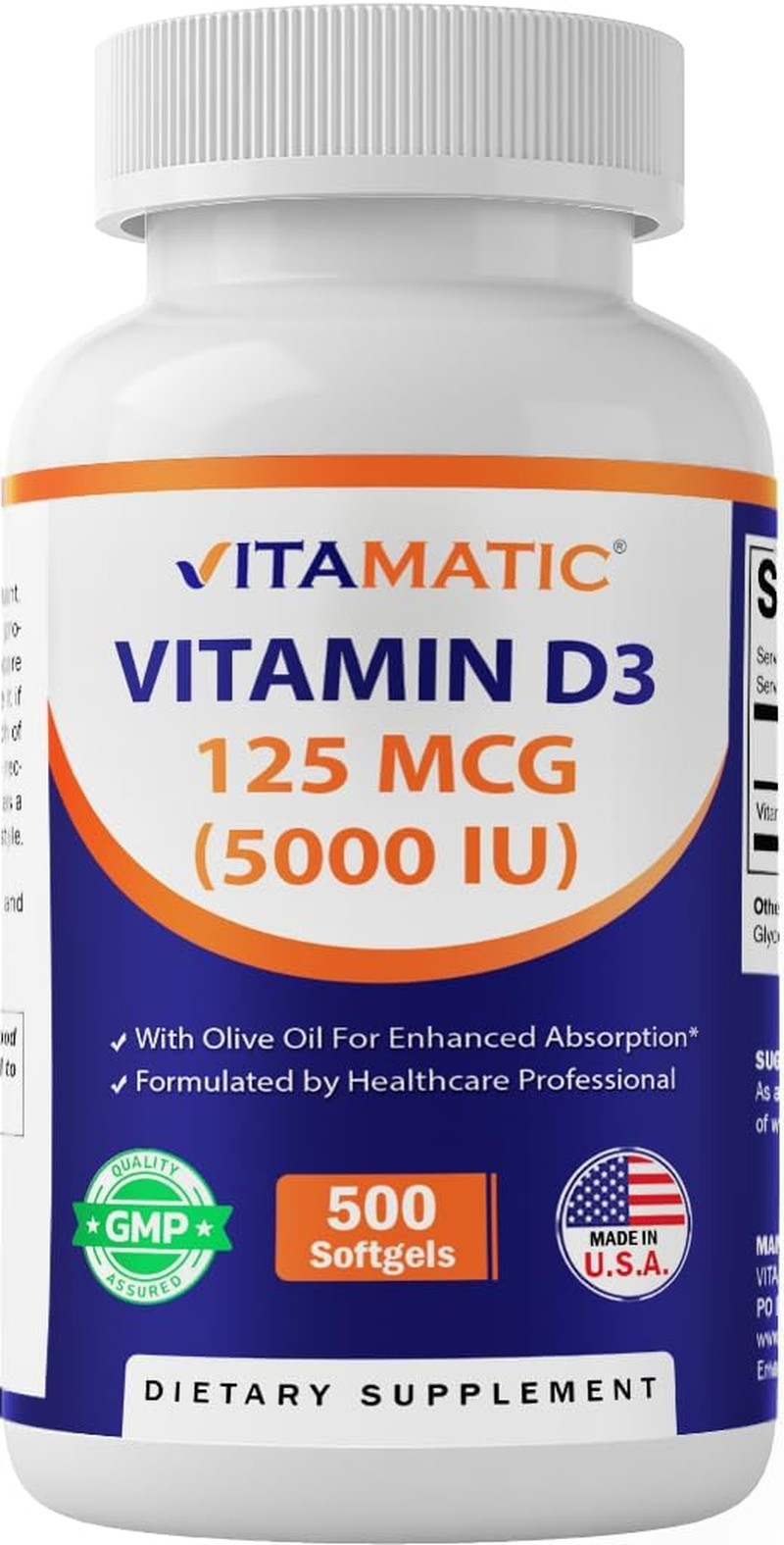 Vitamatic Vitamin D3 5000 IU (125 Mcg) – 500 Softgels (Olive Oil Based) – 500 Da