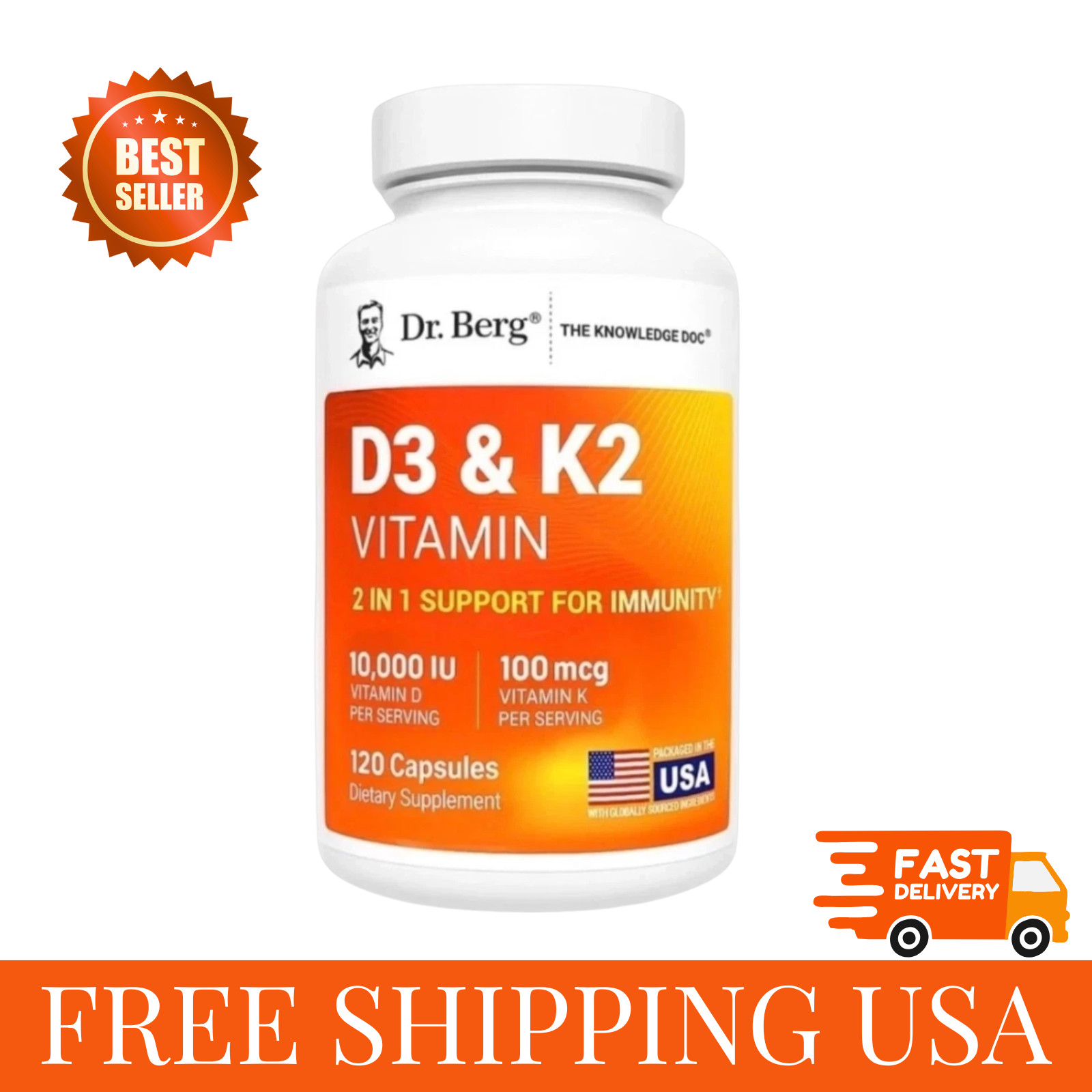 Dr. Berg’s Nutritionals 100mg Vitamin D3 & K2 Supplement – 120 Capsules US