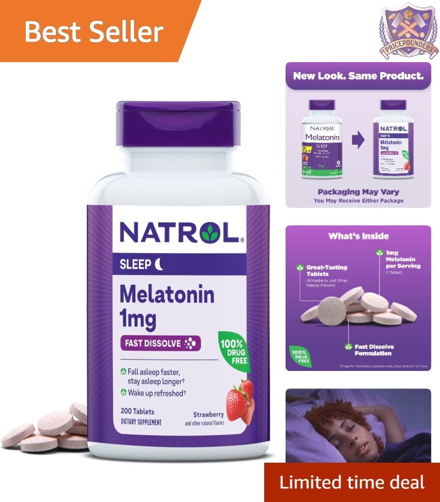 Melatonin Tablets 1 mg Strawberry 200 Count Fast Dissolve Sleep Support Adults