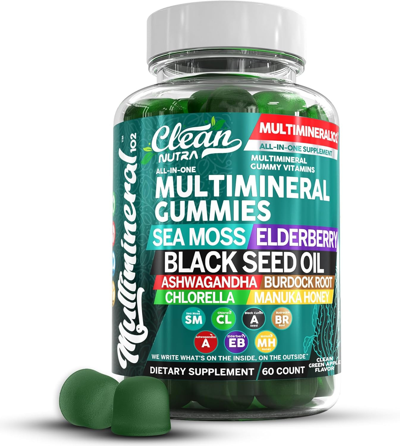 Sea Moss Black Seed Oil Gummies with Ashwagandha, Elderberry, Burdock Root, Chlo