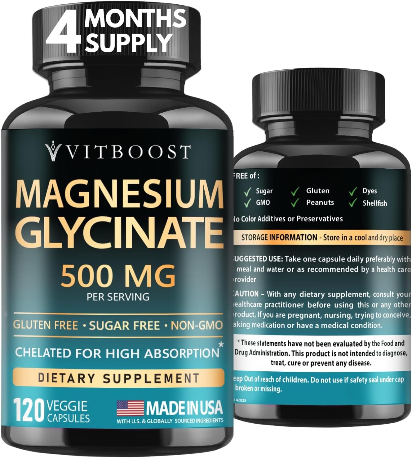 VITBOOST Magnesium Glycinate 500mg – High Absorption Chelated Supplement –