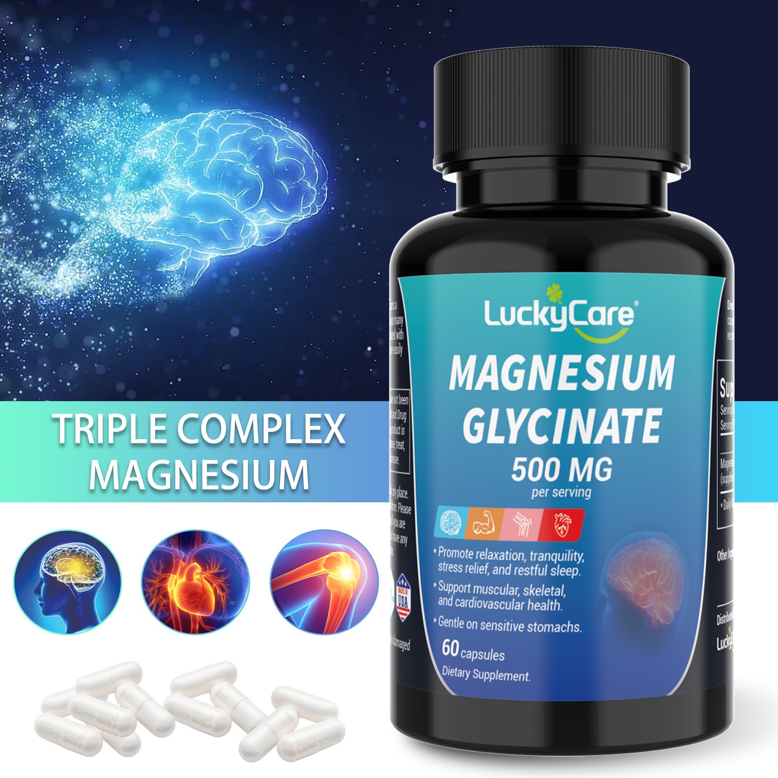 Magnesium Glycinate 500mg – 60 Capsules Supply Improved Sleep Anxiety Relief USA