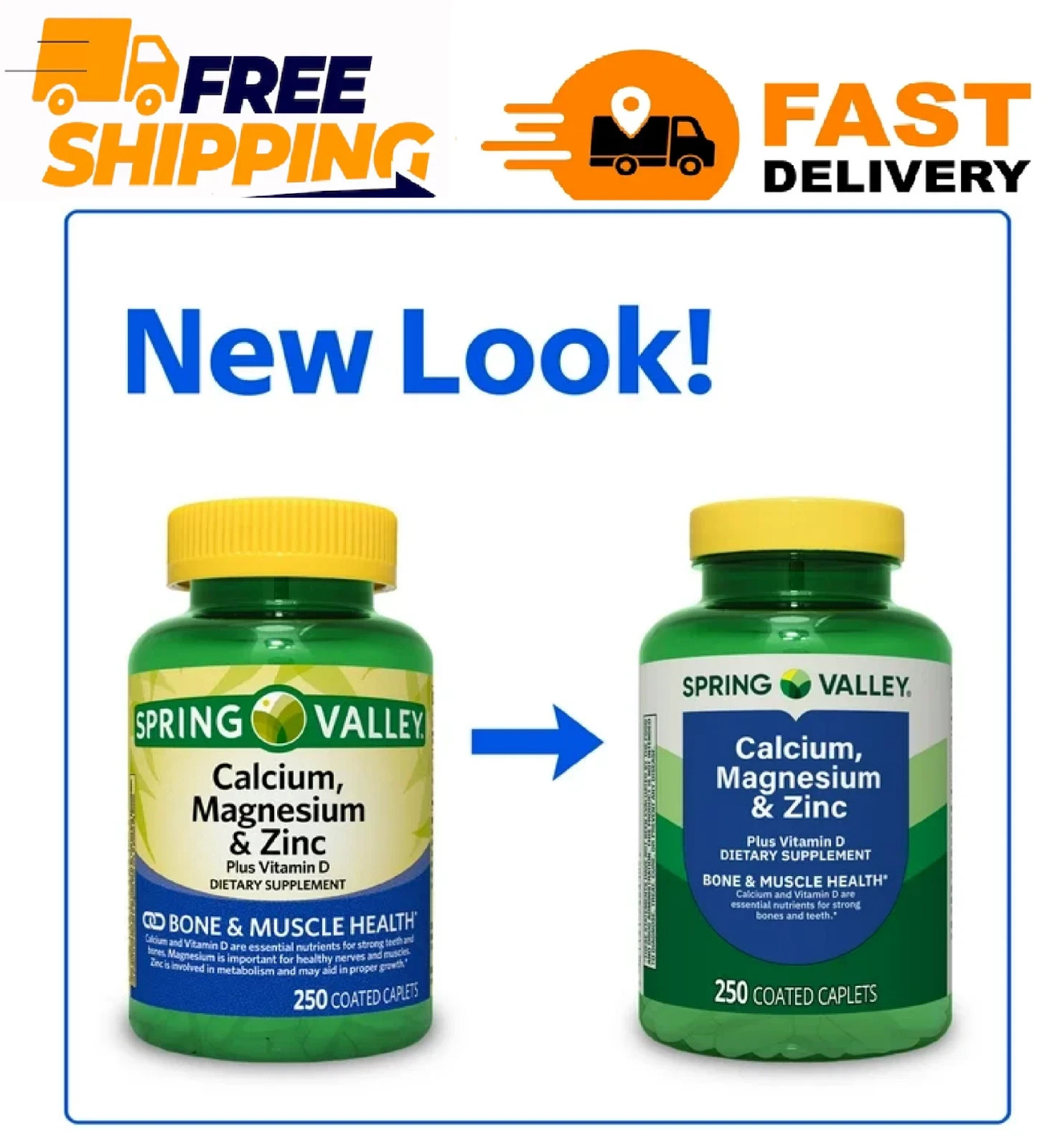 Spring Valley Calcium, Magnesium & Zinc Plus Vitamin D3 Coated Caplets, 250 Ct