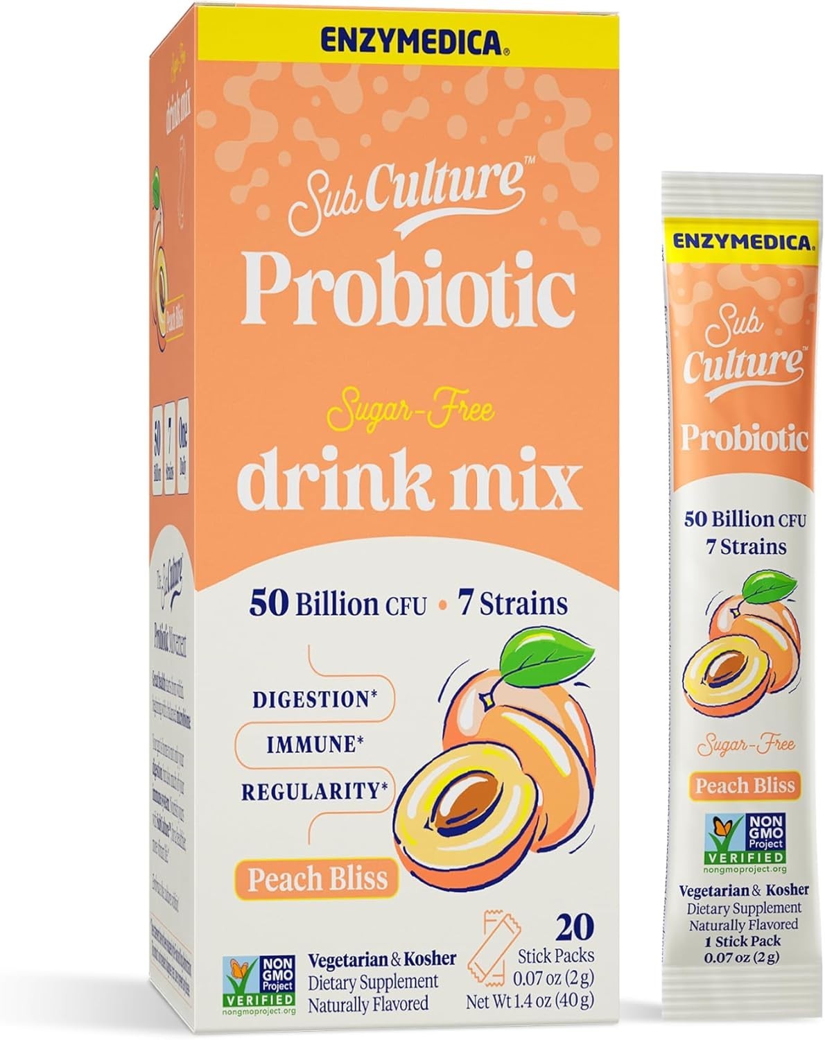 Enzymedica Probiotic Powder – Immune & Gut Health -Peach Flavor – 20 Stick Packs