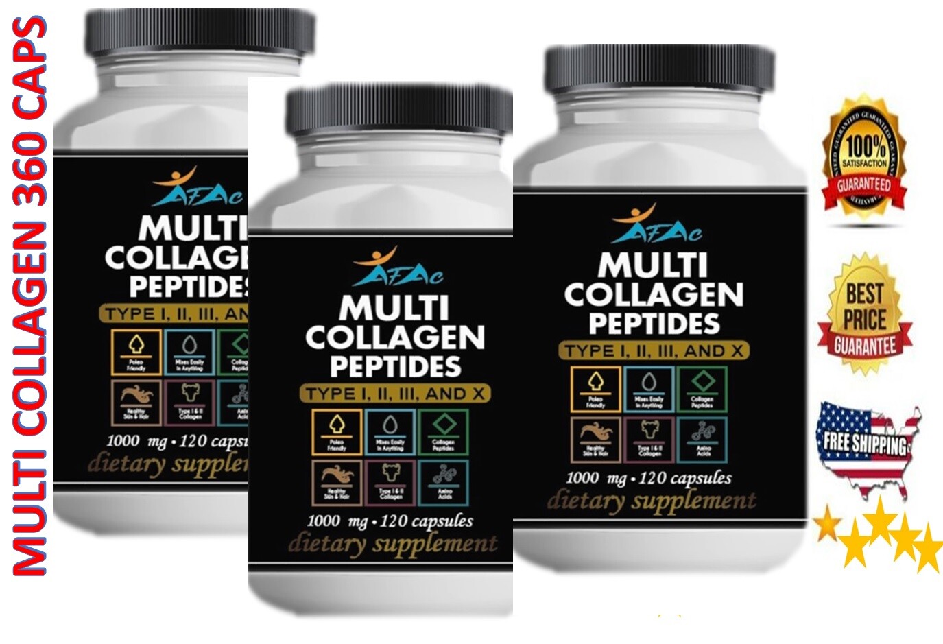 Premium Collagen Peptides Pills Hydrolyzed Anti-Aging (I,II,III,V,X) 3 Months