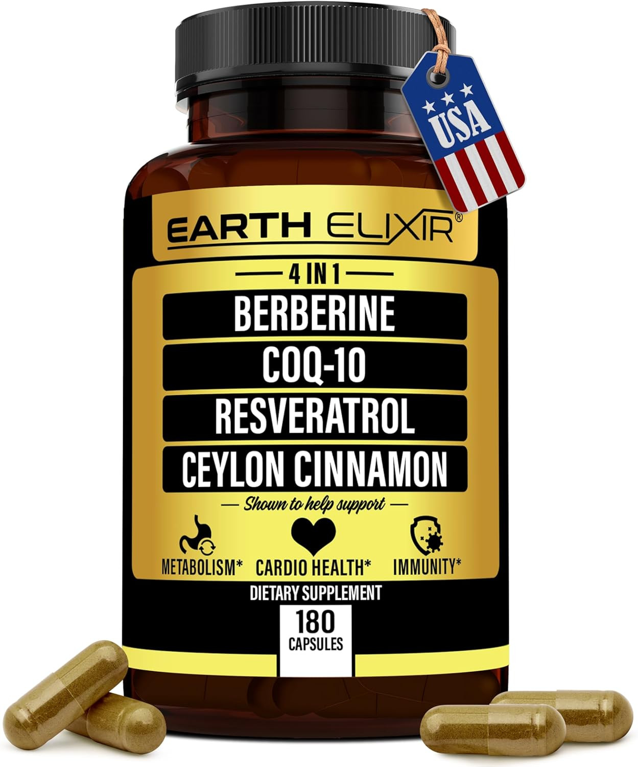 4-In-1 Berberine Supplement 1160Mg (180 Caps) W/ 180Mg COQ10, 380Mg Resveratrol