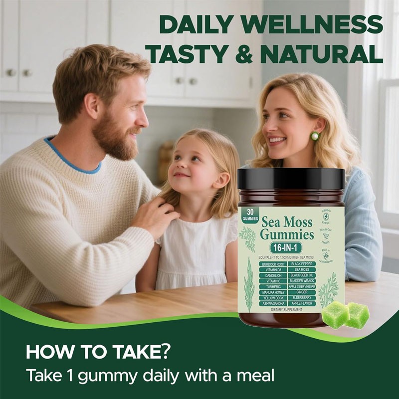 16 in 1 Organic Sea Moss Gummy | Irishmoss Extract 6000Mg | Green Apple Flavor
