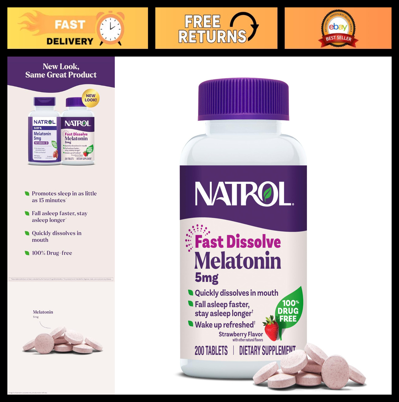 “Melatonin 5mg Fast Dissolve Tablets – Sleep Support, Strawberry Flavor, 200 Cou