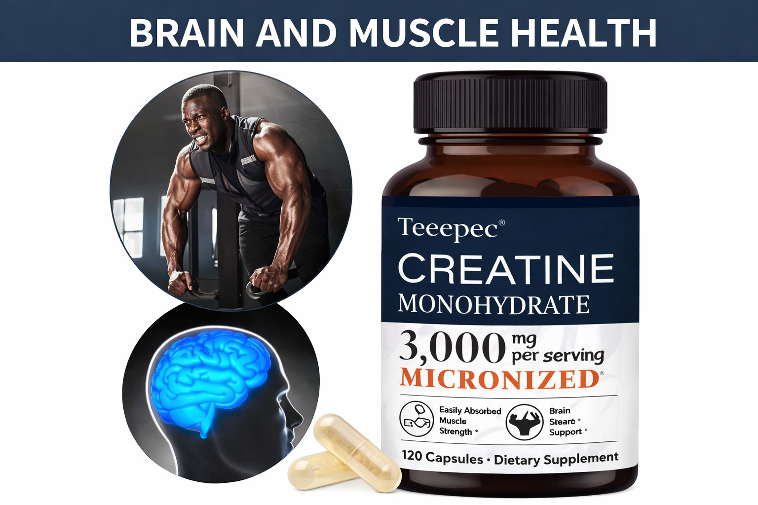 Creatine Monohydrate Capsules, Supports Pre-Workout and Healthy Muscle