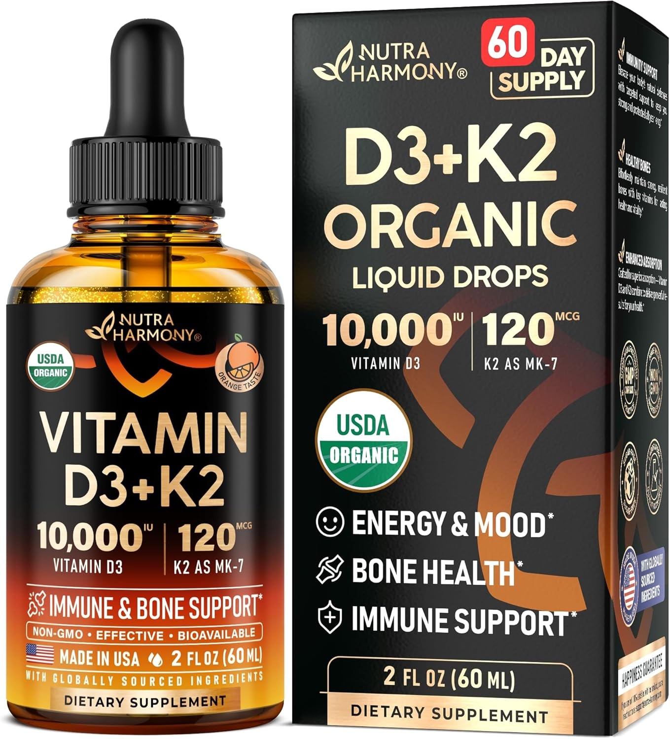 Premium Vitamin D3 K2 USDA Organic Drops – Vitamin D3 10000 IU & K2 as MK-7