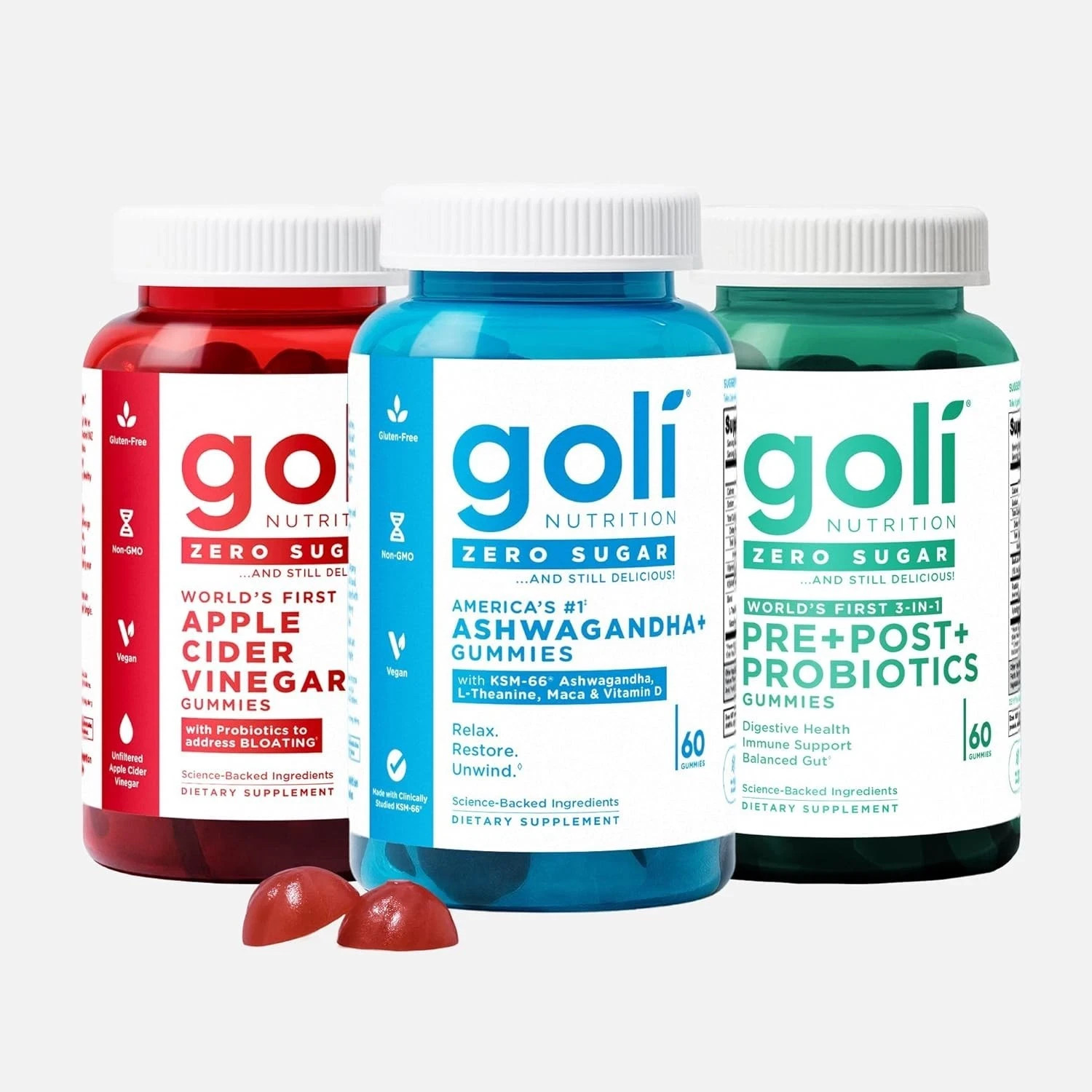 3 Bottles Goli Zero Sugar Trio -ACV, Ashwagandha & Probiotic Gummies