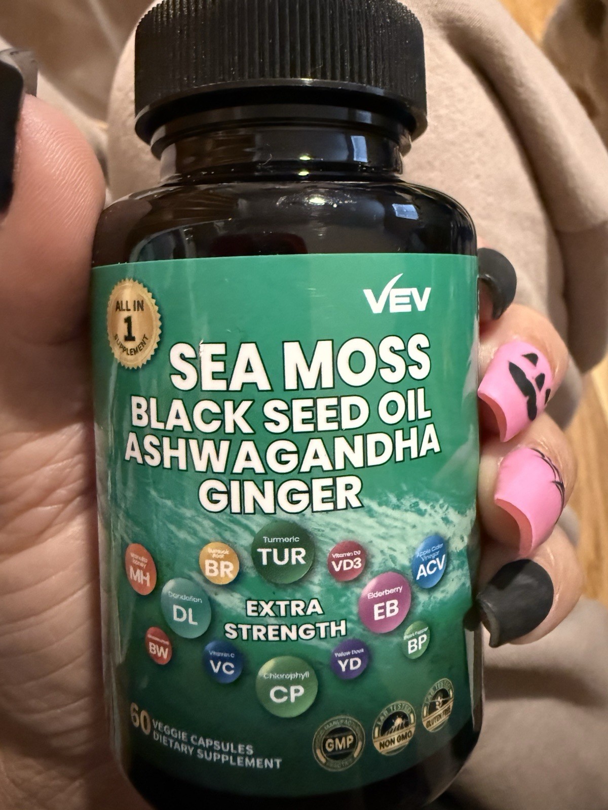 VEV Sea Moss Black Seed Oil Ashwagandha Ginger Extra Strength 60 Capsules