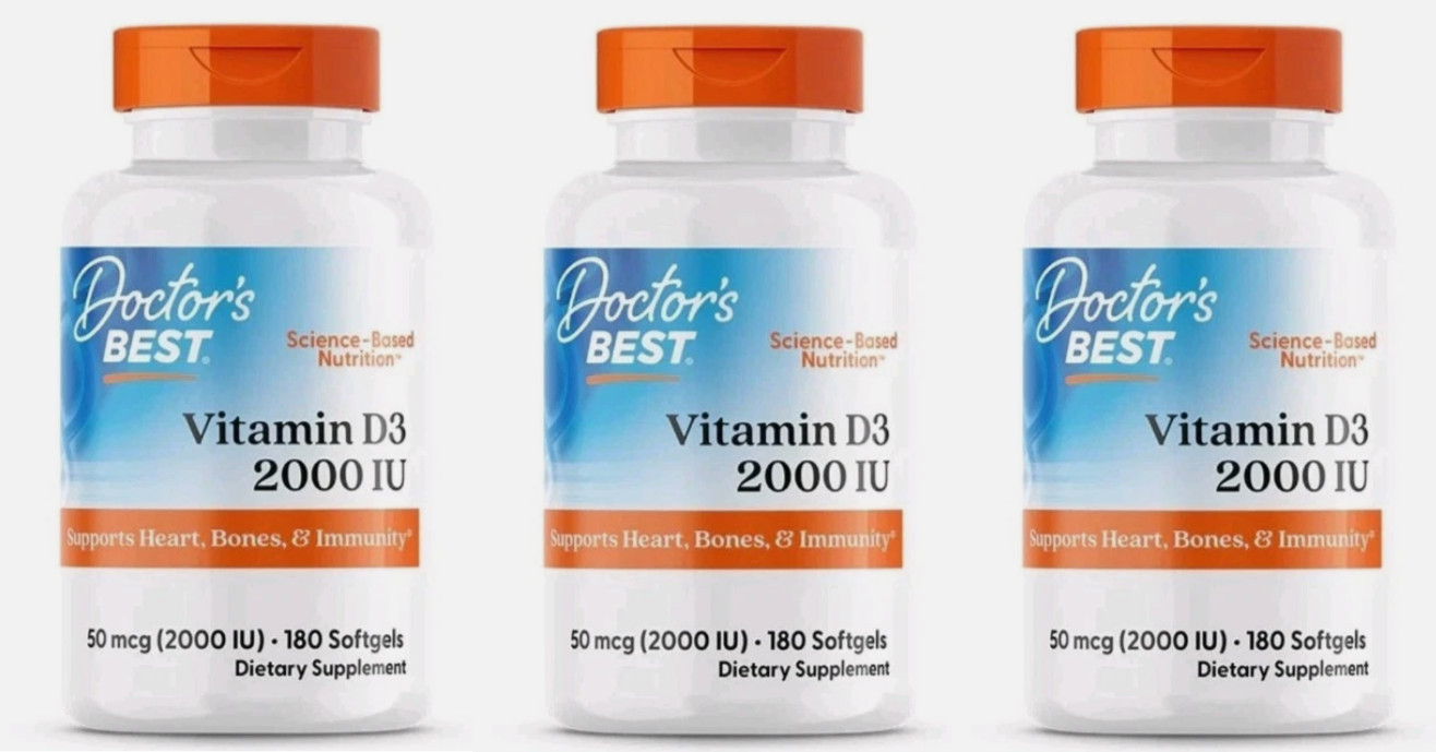 Lot of 3 – Doctor’s Best – Vitamin D3 50 mcg (2000 IU) 180 Softgels Exp 2027