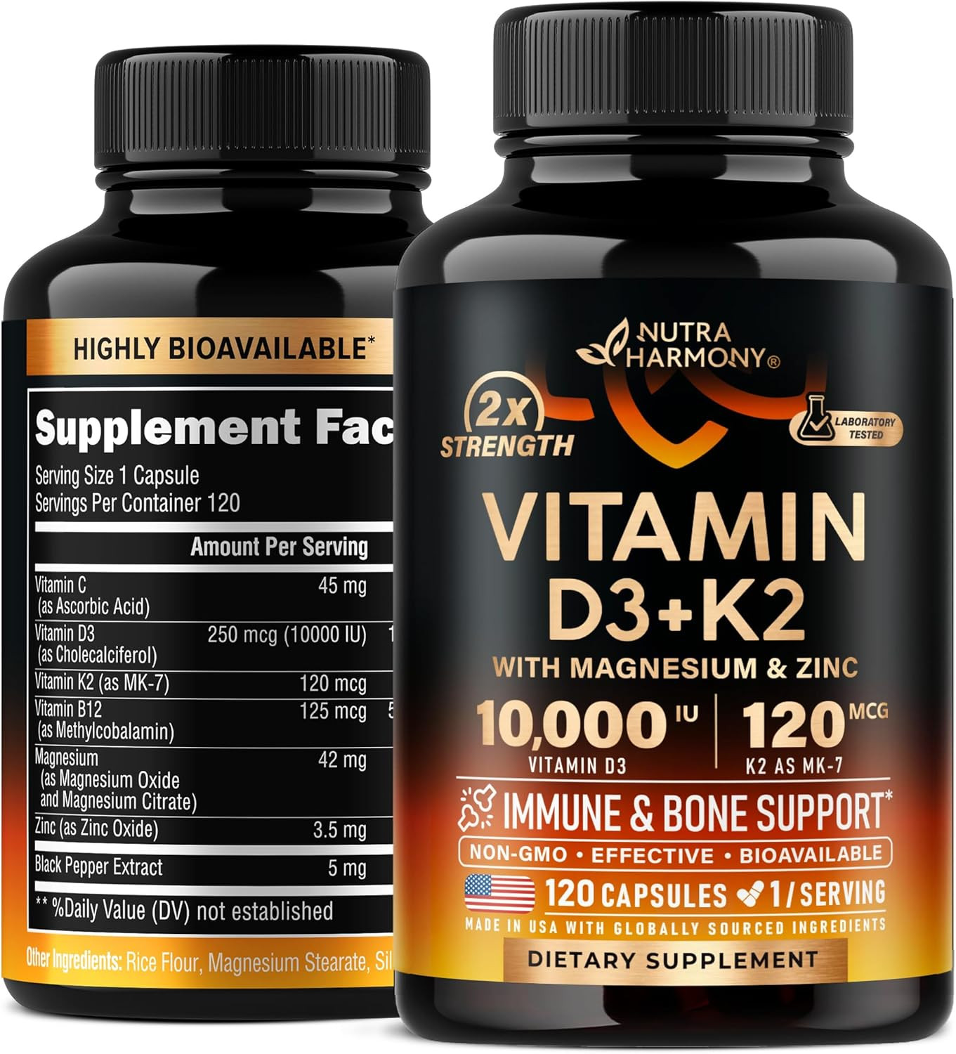 Vitamin D3 10000 IU + K2 MK-7 120 mcg, with Mg Zinc C B12, 120 Caps, Made in USA