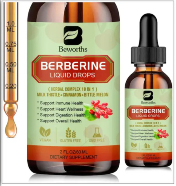 Beworths Berberine Liquid Drops w/ Turmeric, 2 fl oz Apple Flavor Exp Date 4/26