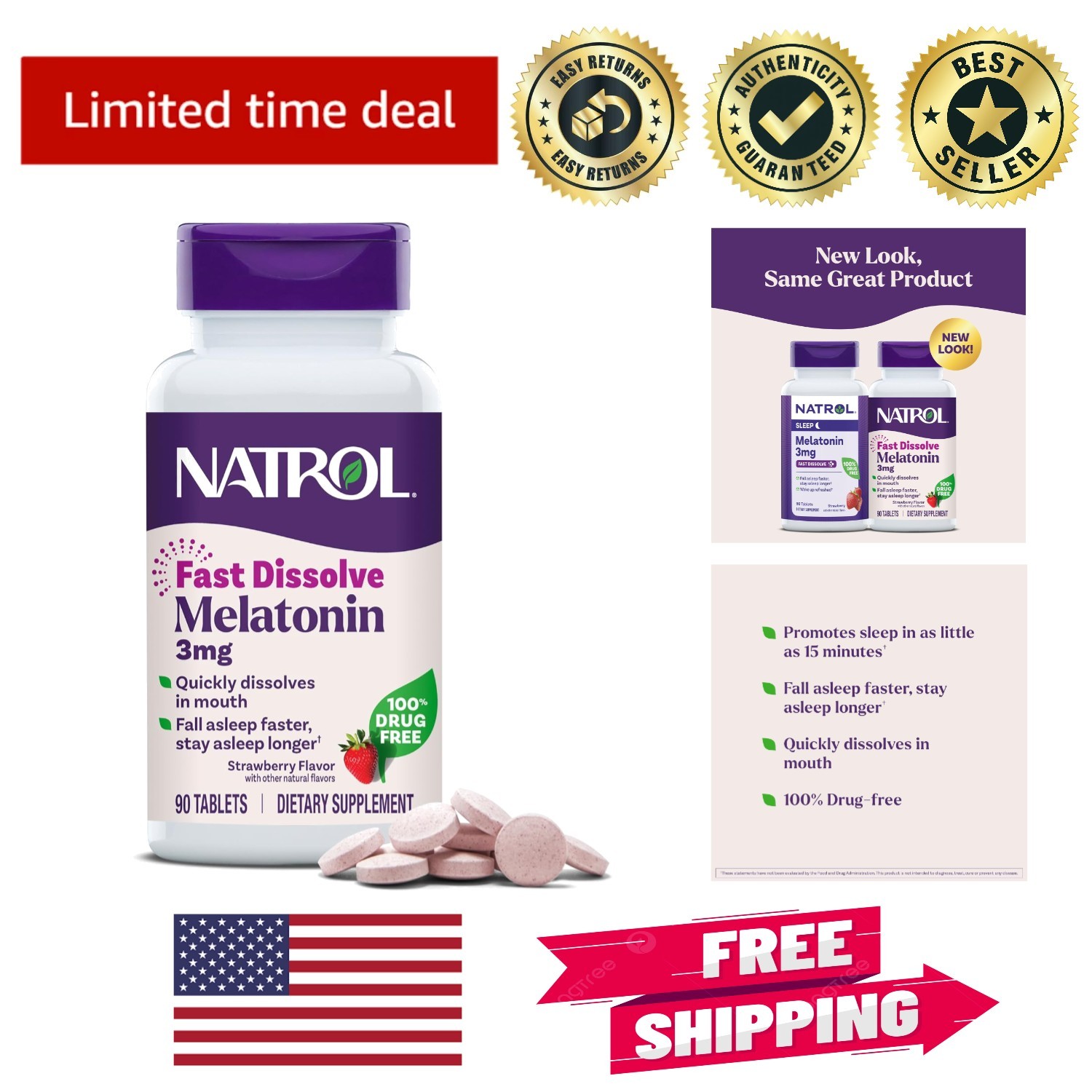 100% Drug-Free Sleep Aid: 90 Strawberry-Flavored Fast Dissolve Melatonin Tablets