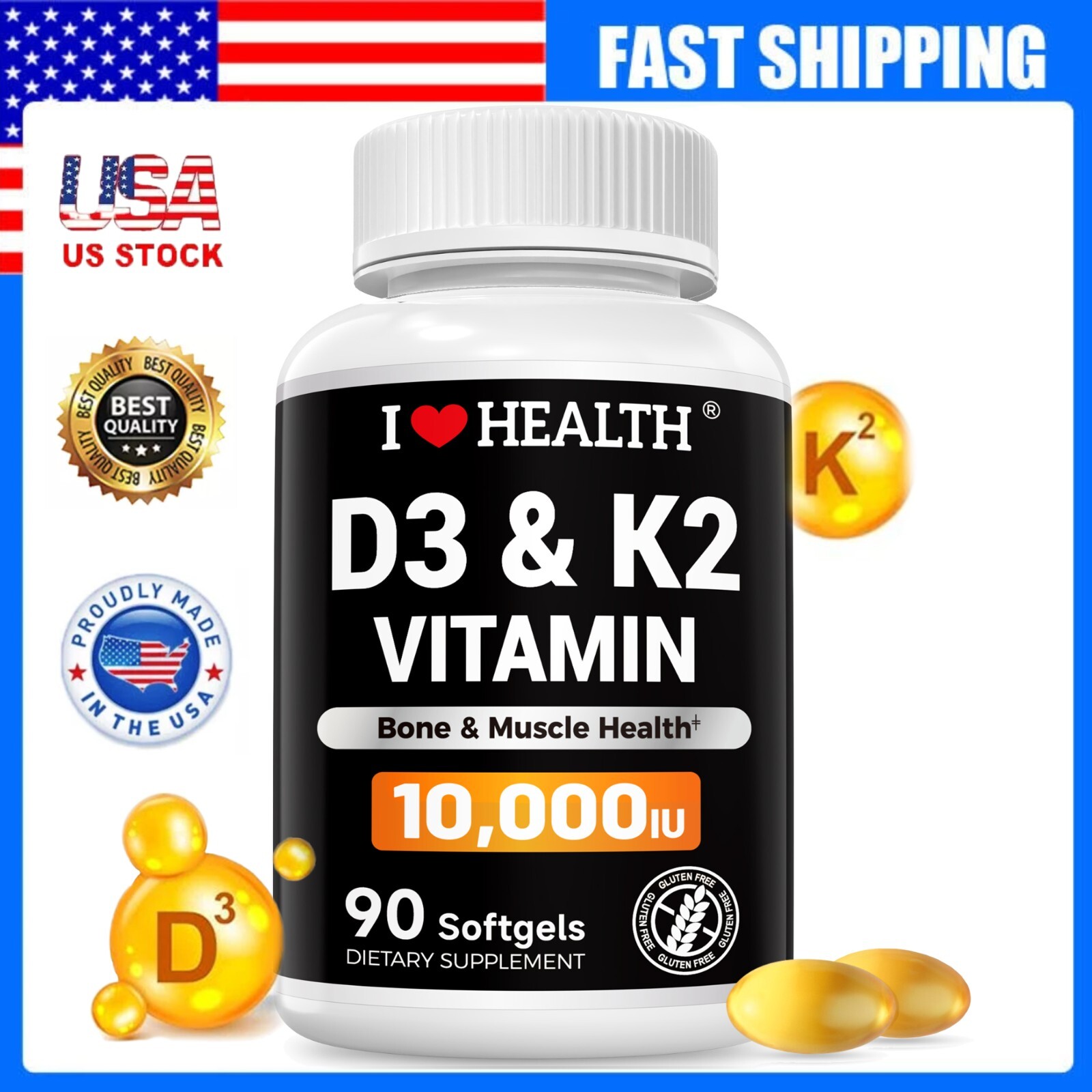 D3 + K2 Vitamin 10000 IU – Bone and Heart Health Supplement  – Max Strength,90ct