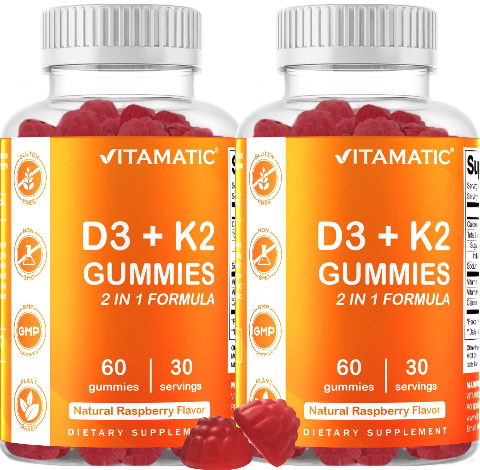 2 Pack – Vitamatic Vitamin D3 K2 Gummies – 60 Count – Supports Healthy Bone