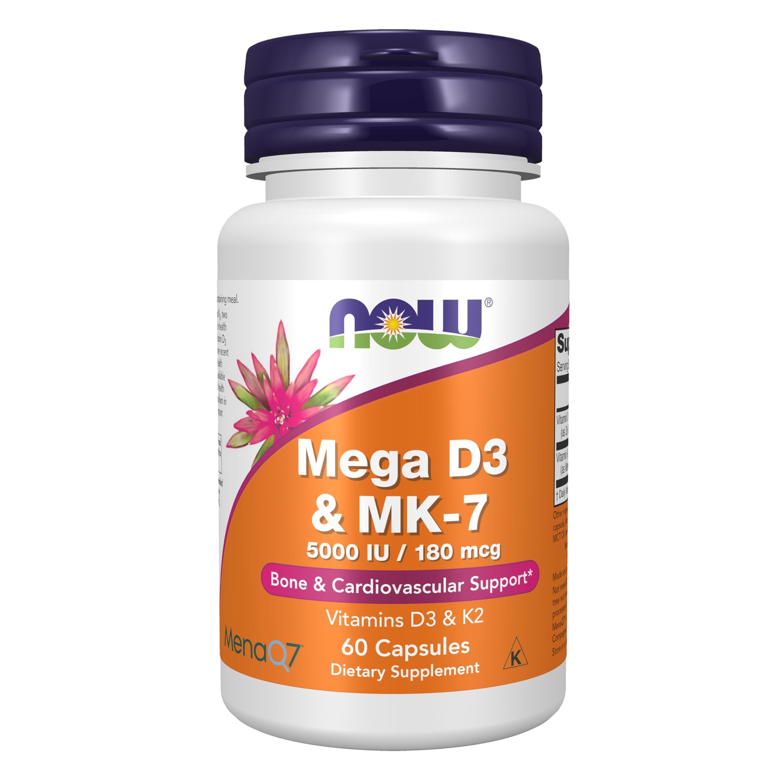 NOW Foods Supplements, Mega D-3  MK-7 with Vitamins D-3  K-2, 5,000 IU/180