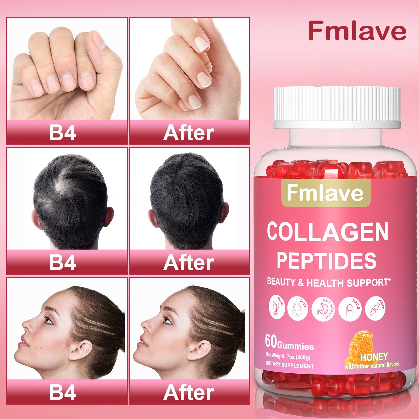 Collagen – HAIR, SKIN & NAILS – Revitalized look 1 Bottle 60 Gummies Free Ship
