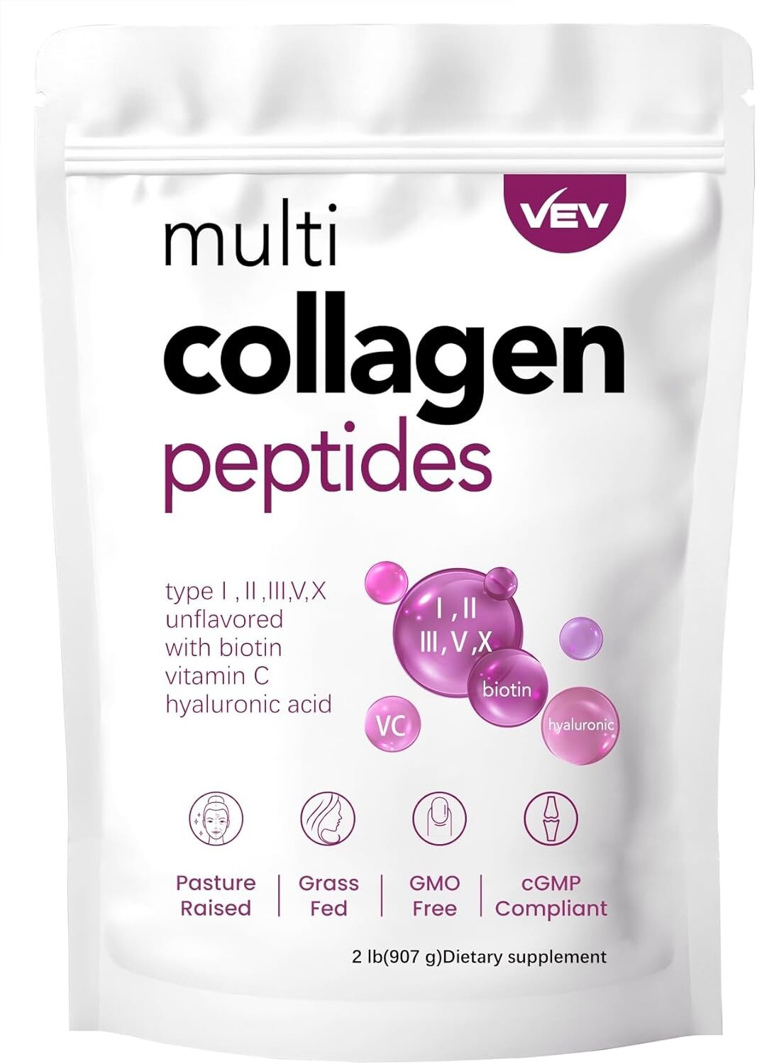Multi Collagen Peptides Powder 2 lb Hydrolyzed Protein Peptide Type I,II,III,V,X