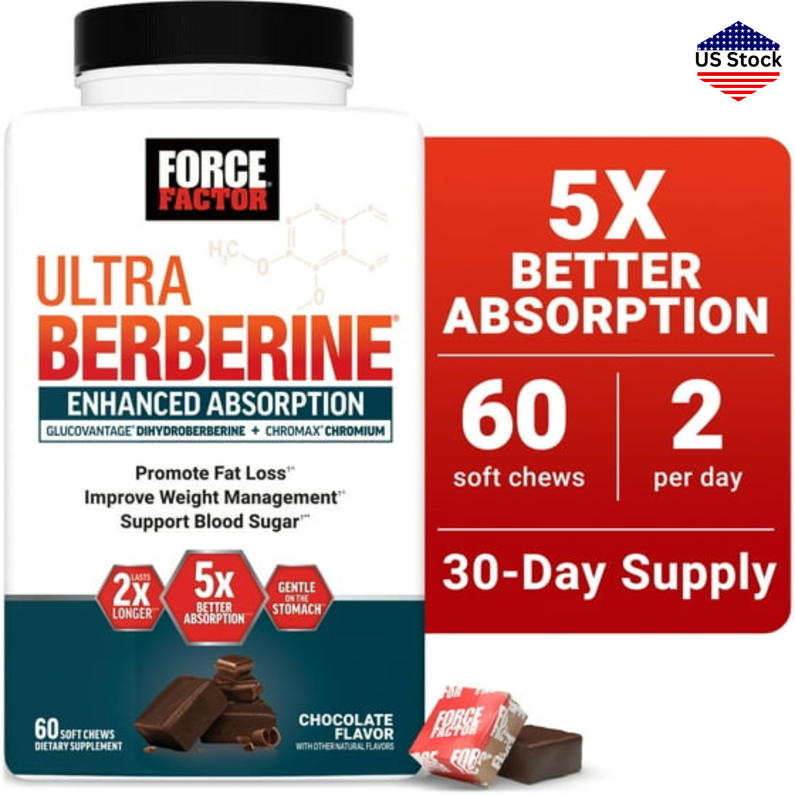 Ultra Berberine Soft Chews Metabolism Blood Sugar Support Chocolate 60 Ct
