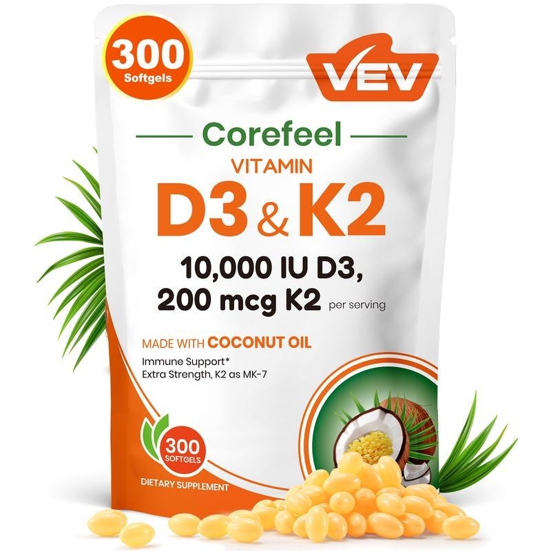 VEV Vitamin D3 Con K2 10000 IU, 300 Virgin Coconut Oil Softgels, 2 in 1 Vitamins