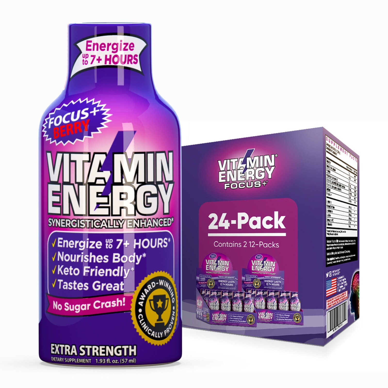 (24 Pack) Vitamin Energy® Focus+ Berry Energy Shots, Clinically Proven