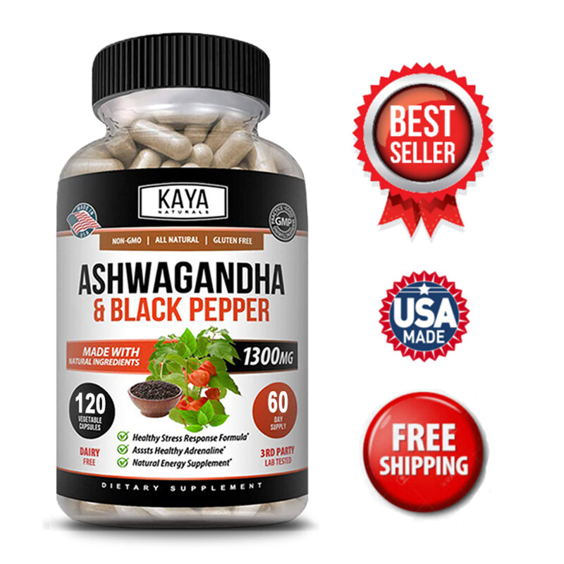 Ashwagandha Capsules 1300 mg Supplement Black Pepper Powder 120 Capsules
