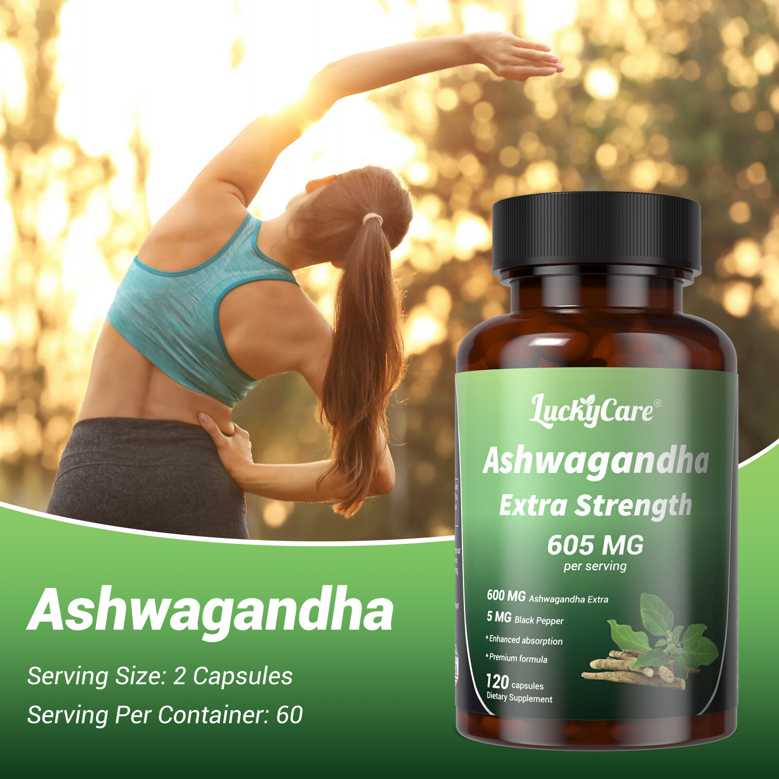 Lucky Care 120Caps Organic Ashwagandha Extra 605mg with Black Pepper Root Porder