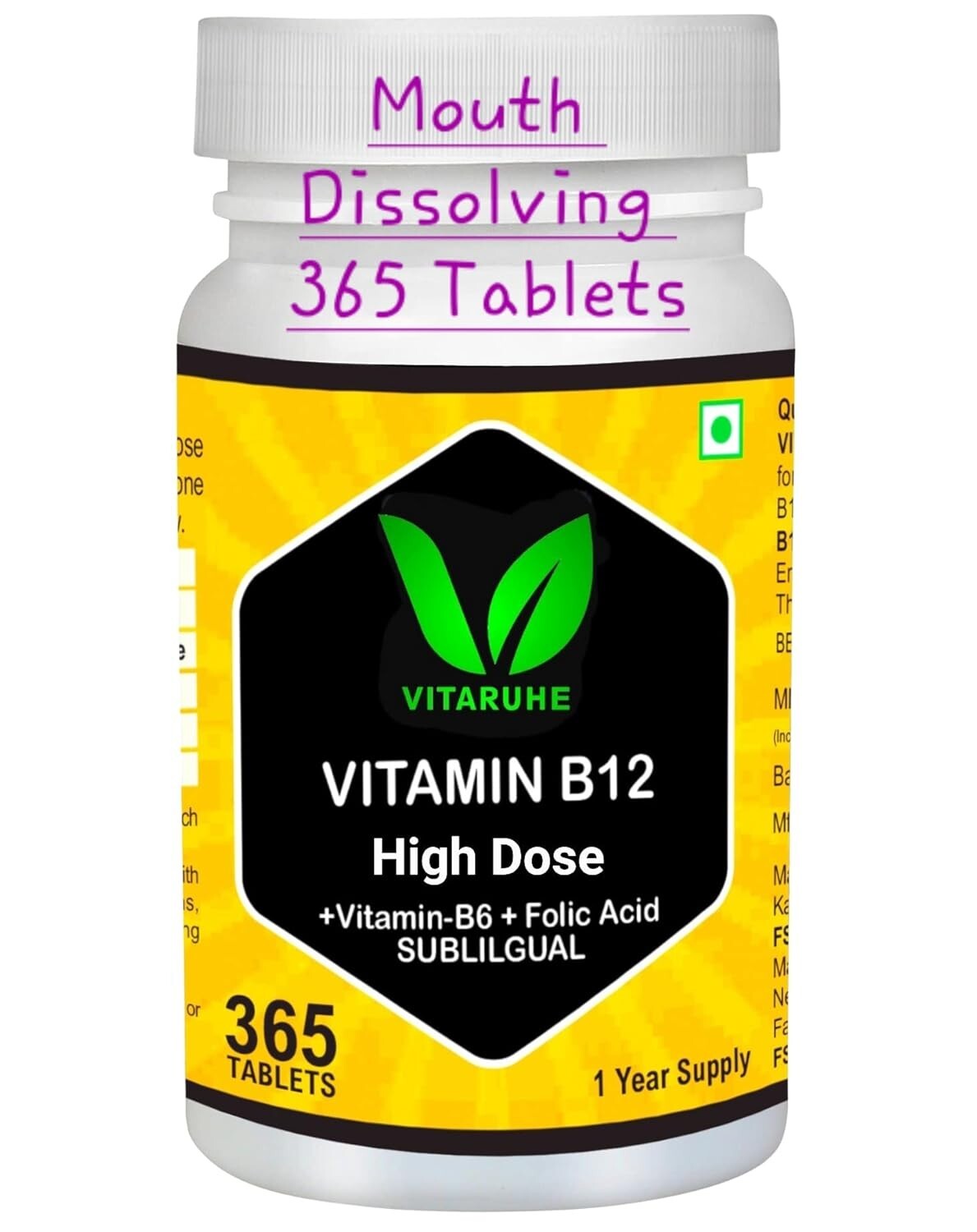 Vitamin B12 High Dose+ B6/Folic Acid, 365 Tablets Methylcobalamin & Sublingual