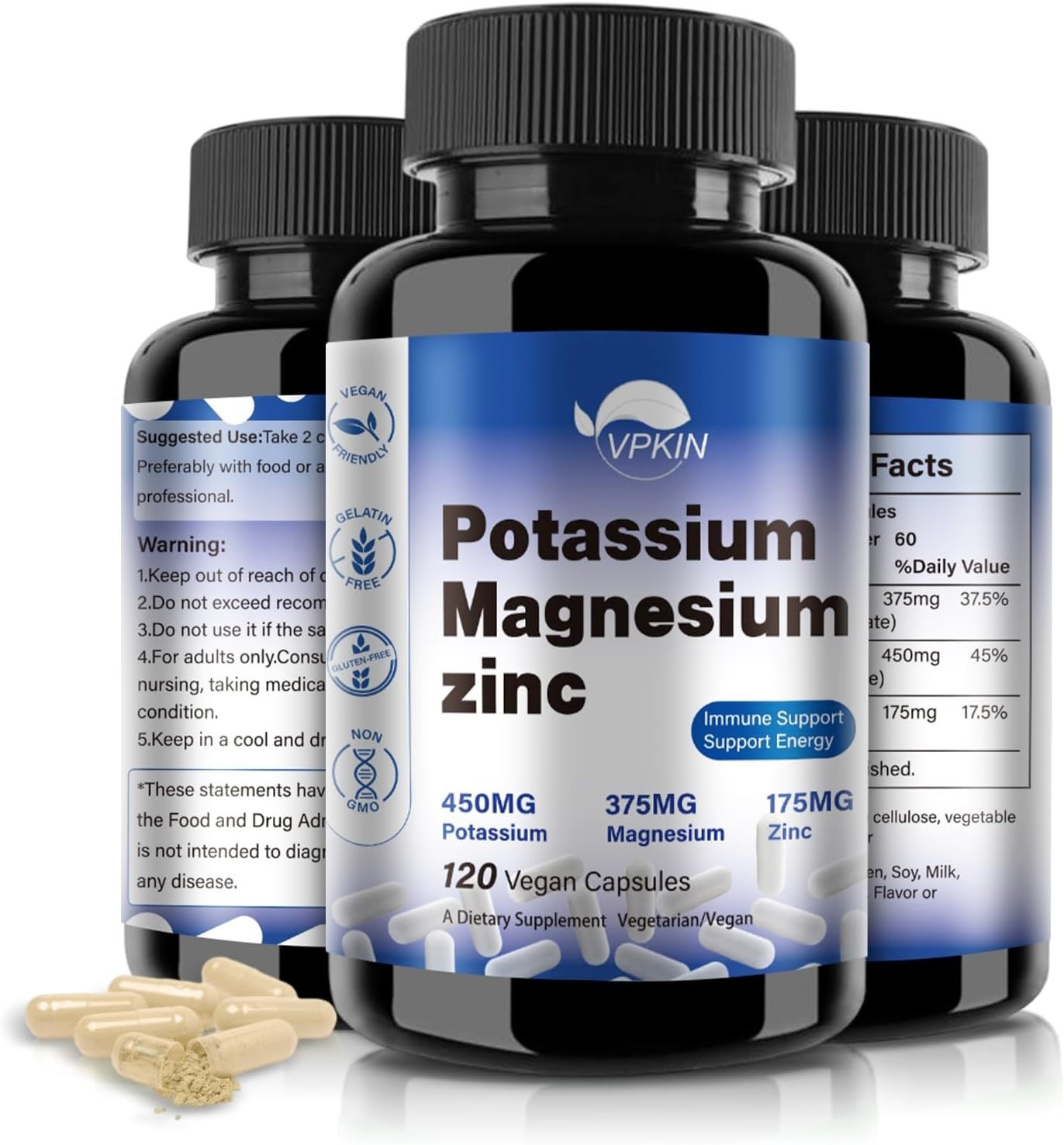 Potassium Magnesium Zinc Supplement 1000mg, One Bottle of 120 Capsules