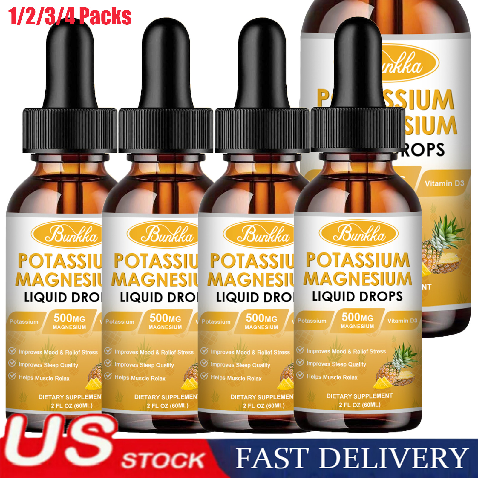 1-4 Packs Potassium Magnesium Liquid Drops, Magnesium Glycinate,Improve Sleep,An