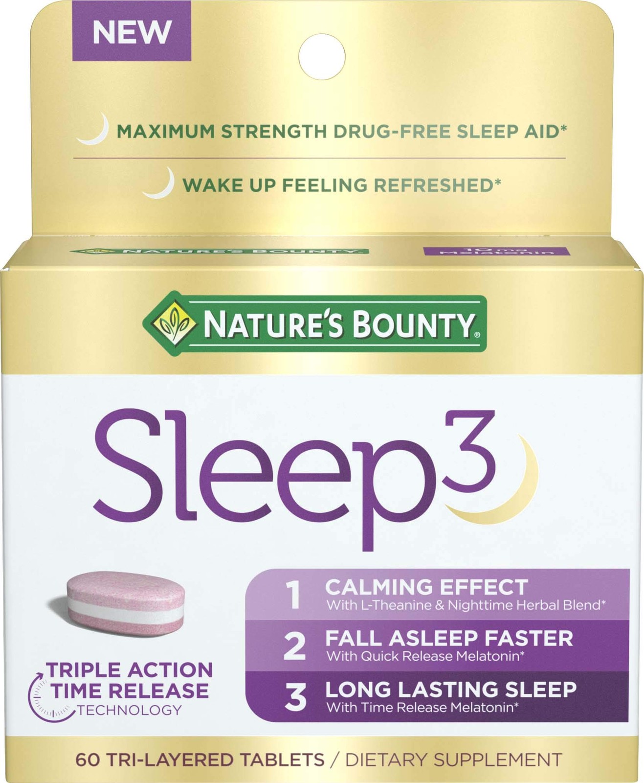 Nature’s Bounty Sleep3 Melatonin 10mg, Maximum 60 Count (Pack of 1), Pink