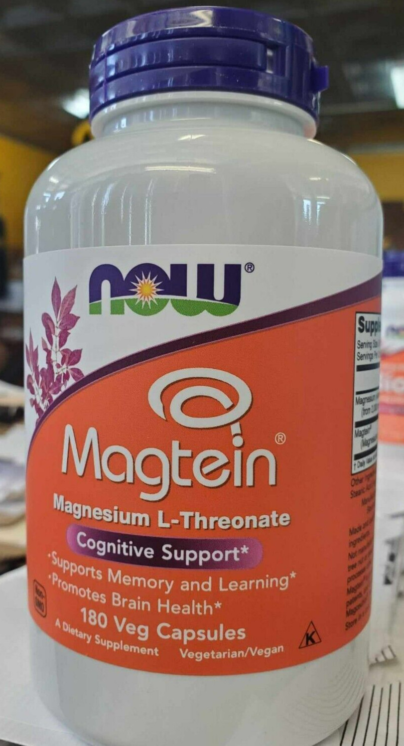 NOW Magtein 180 Veg Capsules Magnesium L-Threonate Promotes Brain Health 08/2027