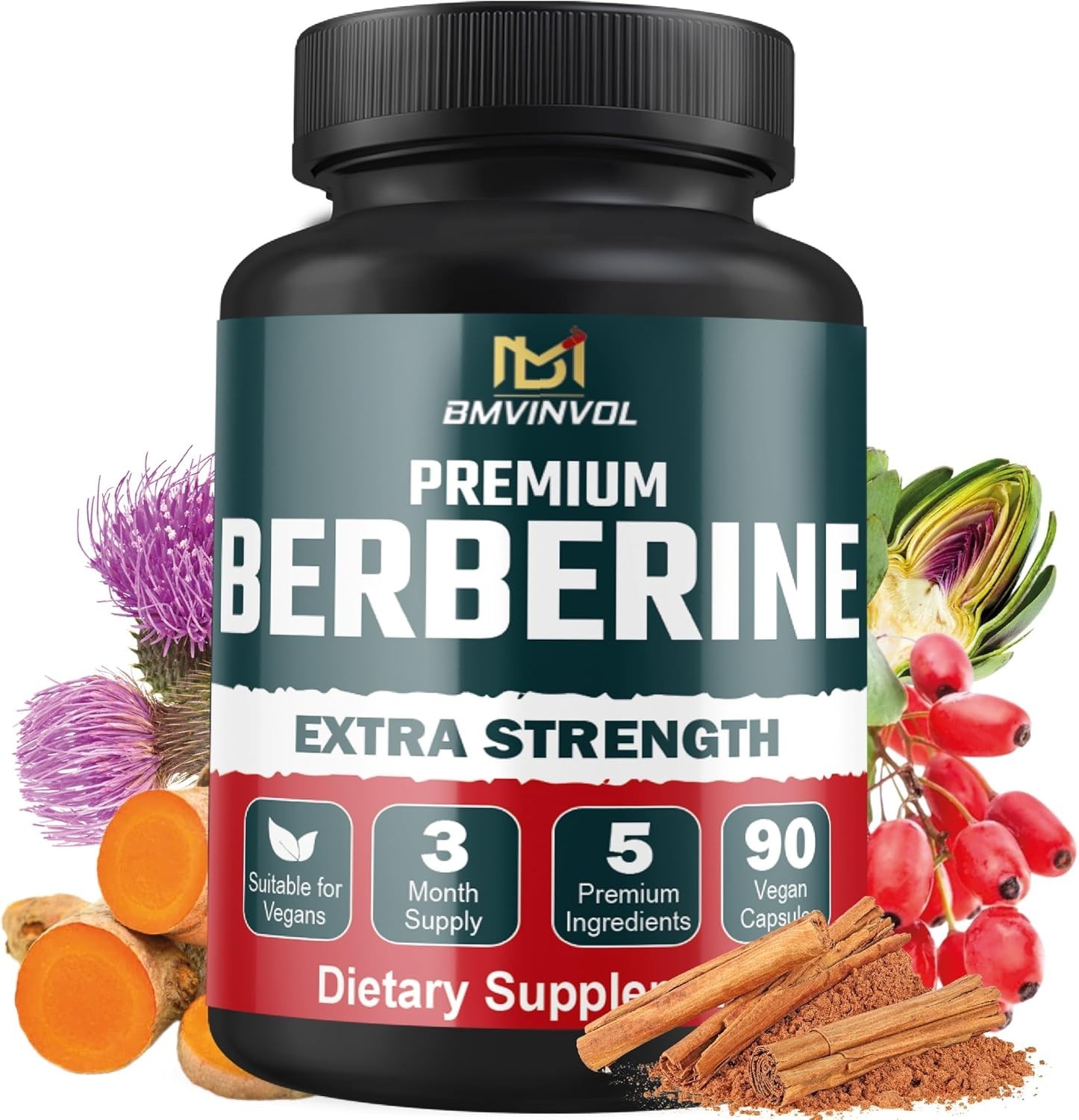 5-in-1 Berberine HCl with Ceylon Cinnamon, Milk Thistle, Turmeric, Artichoke