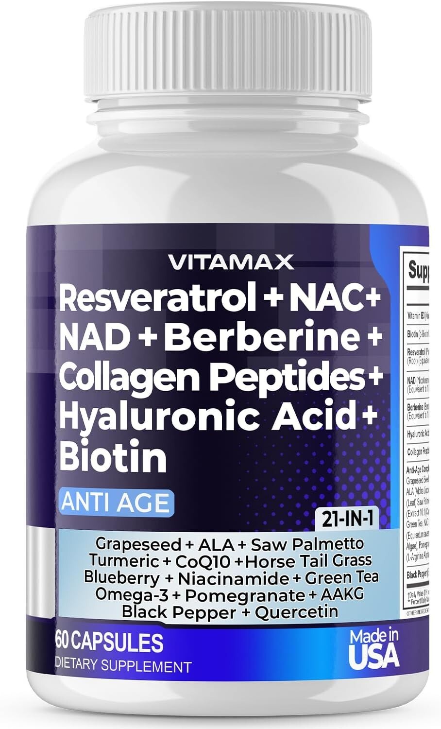 Anti Age – Resveratrol NAD+ Berberine Hyaluronic Acid – 60 Ct. (Pack of 1)