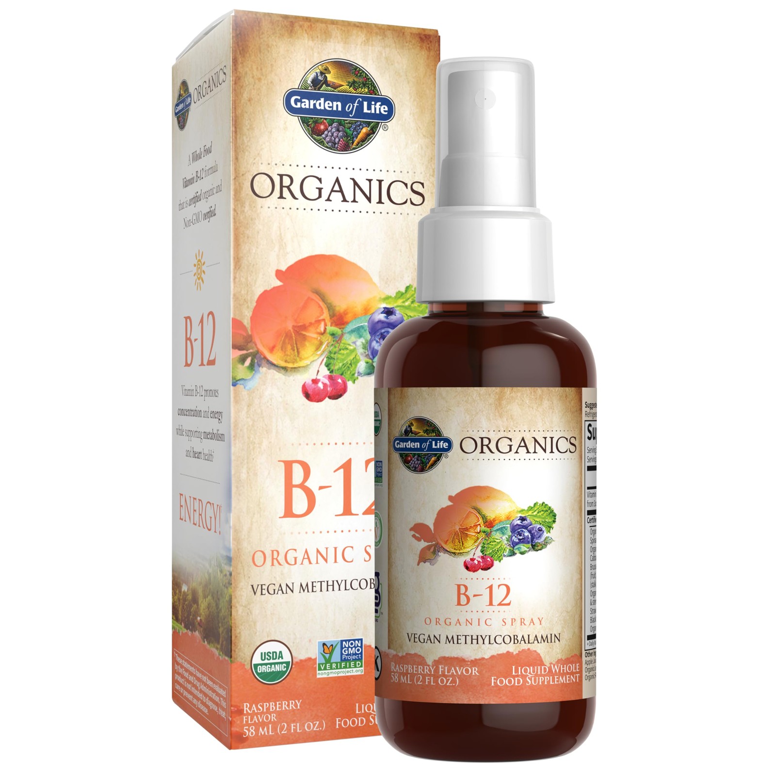 Organic Liquid Vitamin B12 Spray 2oz Raspberry Flavor 500mcg Energy Support
