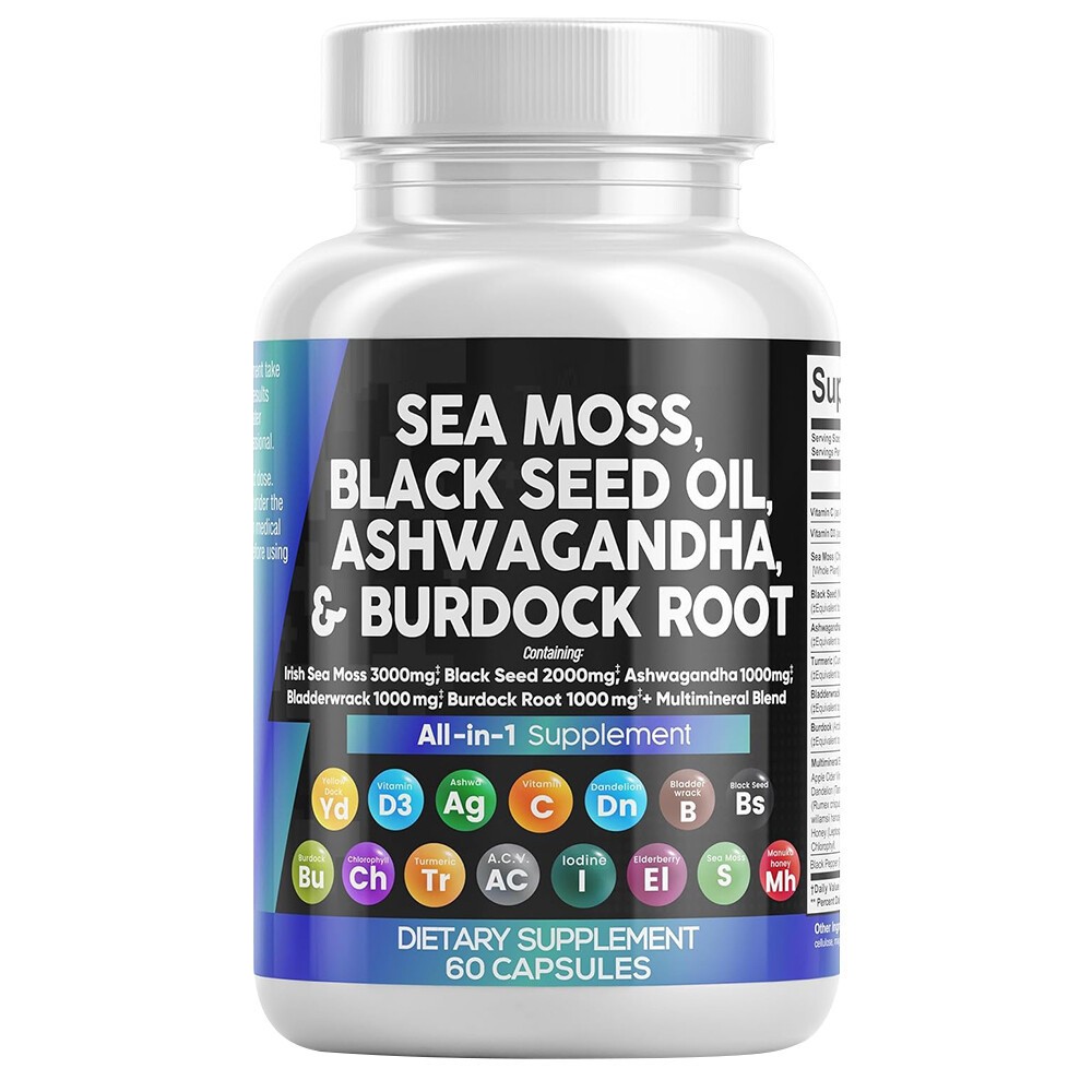 Sea Moss, Black Seed Oil, Ashwagandha, Burdock Root Supplement, 30to120 Capsules