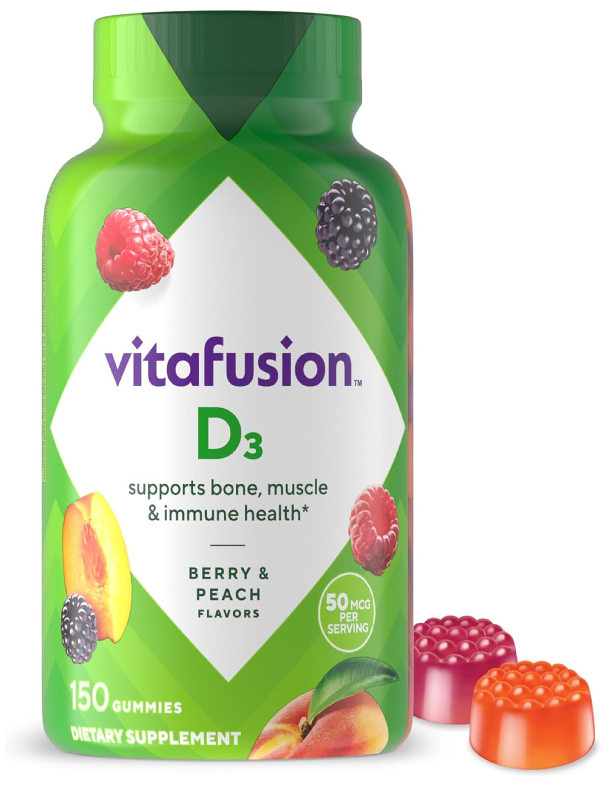 Vitamin D3 Gummy Vitamins for Bone and Immune System Support, Peach, Blackberry