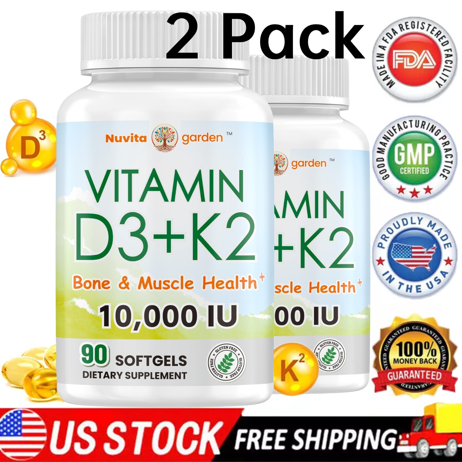 (2 PACK) Vitamin D3 10,000 IU + K2(MK7) 200mcg-Support Strong Bones & Muscle