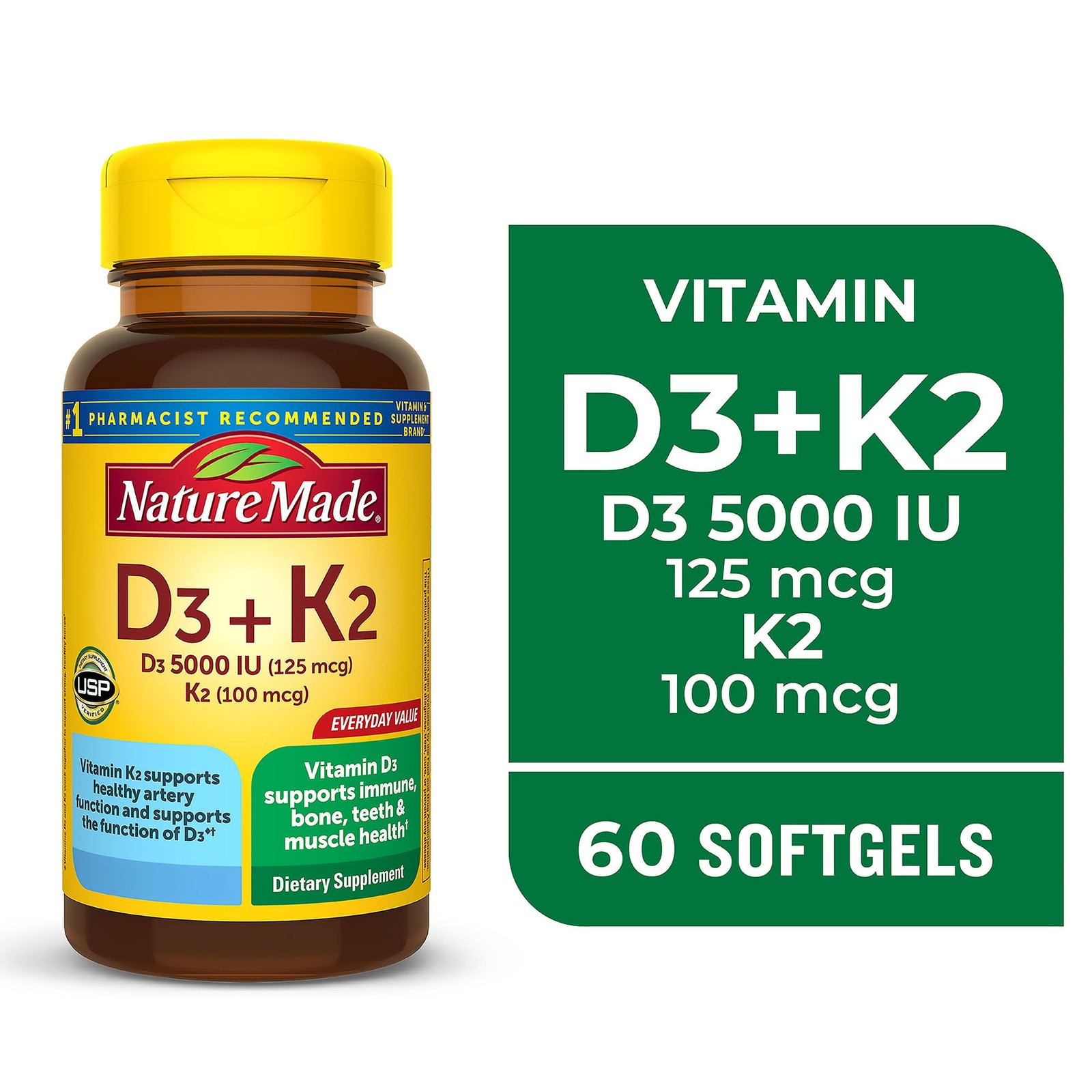 Nature Made Vitamin D3 K2 Softgels, 60 Count, 5000 IU, Bone & Immune Support