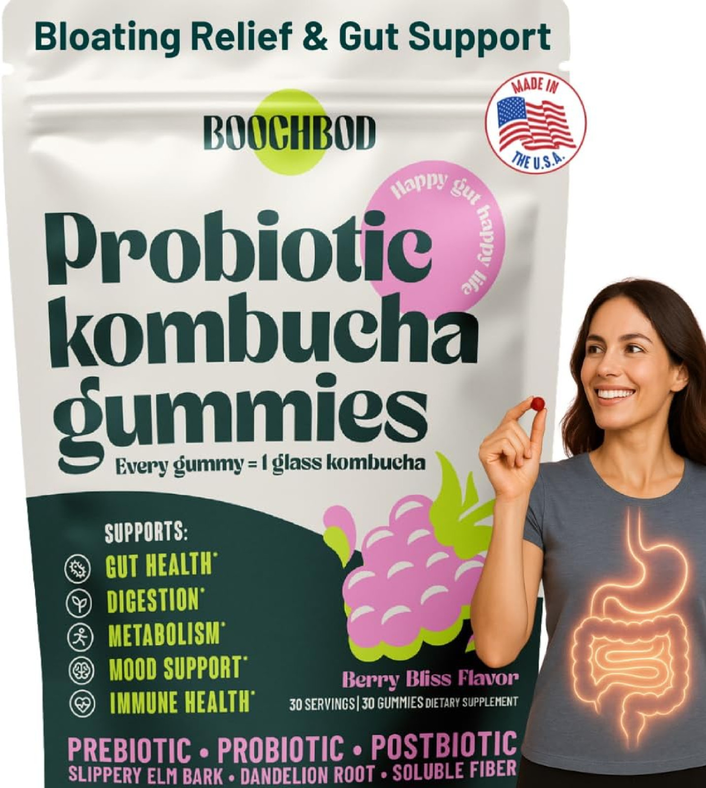 – Probiotic Kombucha Gummy – Prebiotics, Probiotics, Postbiotics, Fiber Suppl…